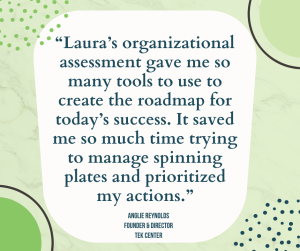 Laura’s organizational assessment work gave me so many tools to use to create the roadmap for today’s success. It saved me so much time in trying to manage the spinning plates I was juggling and prioritize my actions.